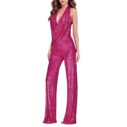 callmo Glitzer Jumpsuit Damen Kleid Damen Elegant, Damen Jumpsuit Ärmelloses Neckholder Pailletten Overall Elegant V-Ausschnitt Playsuit Glänzend Lang Romper Damen Casual Gerade Beinhose Lässiger von callmo