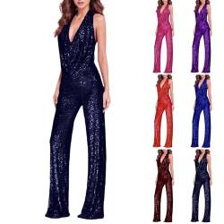 callmo Glitzer Jumpsuit Damen Party Lang Glitzer Jumpsuit Damen Pailletten Neckholder Jumpsuits Für Damen Rückenfrei Overall Damen Elegant Sexy Jumpsuit Damen V-Ausschnitt Freizeitanzug Damen Modern von callmo