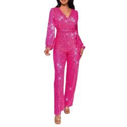 callmo Jumpsuit Pailletten Damen Pailletten Overall Langarm V-Ausschnitt Glitzer Strampler Lockere Hose Party Clubwear Einteiler Lang Abend Jumpsuit Elegant Playsuit Romper Hosenanzug mit Gürtel von callmo