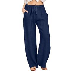 callmo Leinenhose Damen Sommer Freizeit Hose Lang Locker Sommerhose Casual Einfarbig Leinenhose Baumwolle Gerades Bein Bequeme Stoffhose Leicht Strandhose mit Kordelzug und Taschen Freizeithose von callmo