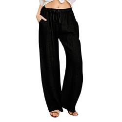 callmo Leinenhose Damen Sommer Freizeit Hose Lang Locker Sommerhose Casual Einfarbig Leinenhose Baumwolle Gerades Bein Bequeme Stoffhose Leichte Strandhose mit Kordelzug und Taschen von callmo