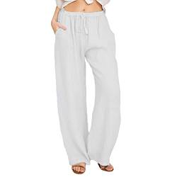 callmo Leinenhose Damen Sommer Freizeit Hose Lang Locker Sommerhose Casual Einfarbig Leinenhose Baumwolle Gerades Bein Bequeme Stoffhose Leichte Strandhose mit Kordelzug und Taschen von callmo