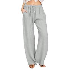 callmo Leinenhose Damen Sommer Freizeit Hose Lang Locker Sommerhose Casual Einfarbig Leinenhose Baumwolle Gerades Bein Bequeme Stoffhose Leichte Strandhose mit Kordelzug und Taschen von callmo