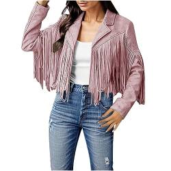 callmo Motorradjacke Damen Hippie Kleidung Faux Wildleder Fransen Jacke Langarm Vintage Mäntel Quaste Casual Oberbekleidung Cowboy Style Strickjacke Mantel Fransen Quaste Karneval Faschingskostüme von callmo