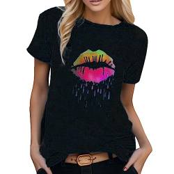 callmo Oberteile Damen T Shirt mit Lippen Bluse Sommer Kurzarm Top Bunt Bedruckt Shirt Tunika Casual Print Tee Tshirt Frauen Rundhals Kurzarm Retro Tee Shirts Oberteil Tops von callmo