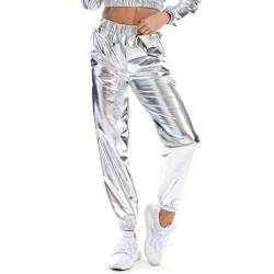 callmo Silvester Outfit Damen Glitzer Metallic Glänzend Jogger Casual Holographische Farbe Streetwear Hosen Hip Hop Mode Glatte Elastische Hosen von callmo