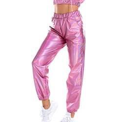 callmo Silvester Outfit Damen Hohe Taille Hose Glänzend Wetlook Metallic Cargohose Hologramm Hip Hop Tanzhose Lackleder Jogger Casual Streethose Bühnen Auftritt Partyhose Nachtclub Disco Clubwear von callmo