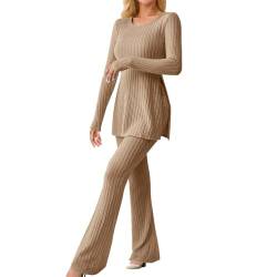 callmo Zweiteiler Damen Strickanzug Langarm Gerippt Strickpullover + Lange Schlaghose Sportanzug Lounge Set Freizeit Outfit von callmo