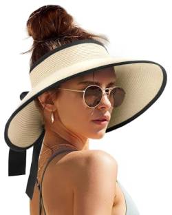 Camptrace Sonnenblenden für Damen, breite Krempe, Strandhut, LSF 50+, aufrollbarer Stroh-Sonnenhut, Pferdeschwanz, Sommerhut, verstaubare Hüte für Frauen, beige, Einheitsgröße von camptrace