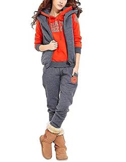 MODETREND Damen 3 in 1 Sportanzüge Jogginganzug Kapuzenpullover Plus-Samt Kapuzenjacke Hoodie Sweatshirt + Weste + Hose Trainingsanzug, Grau, Gr. XL von carinacoco