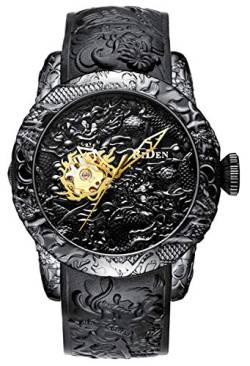 Automatik-Armbanduhr für Herren, modisch, 3D-Gravur, Drachen-Design, wasserdicht, großes Zifferblatt, Sport-Armbanduhr 50mm schwarz von carlien