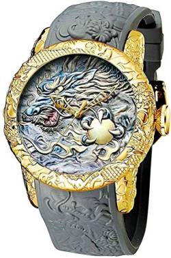 Automatische Armbanduhr für Herren, modisch, 3D-Gravur, Drache, wasserdicht, großes Zifferblatt, Sport-Armbanduhr 50mm Bergkristall Drache grau von carlien