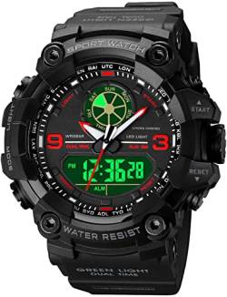 Militär Herren Sport Analog Quarz Uhr Dual Display Alarm Digital Uhren mit LED Hintergrundbeleuchtung, rot, von carlien