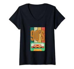 Damen 90'S, Back to 90'S, Retro-Muster, brillante Farben, 90er Jahre Tapes T-Shirt mit V-Ausschnitt von casual interesting patterns