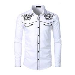 cffvdiz Herren Western Hemden Stickerei Langarm Button-Down Cowboy-Hemden,Weiß,L von cffvdiz