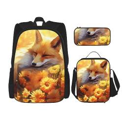 3 Stück Rucksack, Aquarell Tier Fuchs Sonnenblume Feld Rucksack Mittagessen Tasche Bleistift Fall Reise Laptop Rucksack Büchertasche Lunchbox Thermo Kühler Tote Bag Kulturbeutel Für Reisen Arbeit von cfpolar