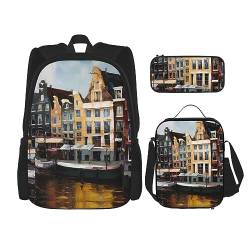 3-teiliger Rucksack, Wasserstadt, Boot, Haus, Ölgemälde, Rucksack, Lunch-Tasche, Federmäppchen, Reise, Laptop-Rucksack, Büchertasche, Lunchbox, Thermo-Kühltasche, Kulturbeutel, Aufbewahrungstasche für von cfpolar