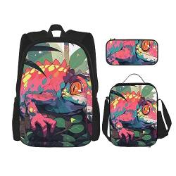 3-teiliger Rucksack, mehrfarbiger Chamäleon-Blumen-Blatt-Rucksack, Lunch-Tasche, Federmäppchen, Reise-Laptop-Rucksack, Büchertasche, Lunchbox, Thermo-Kühltasche, Kulturbeutel, Aufbewahrungstasche für von cfpolar