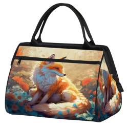 Animal Fox Flowers Leaves Gym Bag for Women Men, Travel Sports Duffel Bag with Trolley Sleeve, Waterproof Sports Gym Bag Weekender Overnight Bag Carry On Tote Bag for Travel Gym Sport, Tier Fuchs von cfpolar