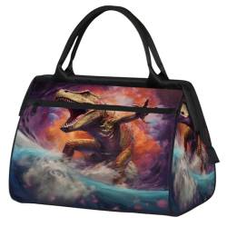 Coole Dinosaurier Surfen Weltraum Turnbeutel für Damen Herren, Reise Sport Duffel Bag mit Trolleyhülle, wasserdichte Sport Gym Bag Weekender Übernachtung Tasche Carry On Tote Bag für Gym Sport Reisen, von cfpolar