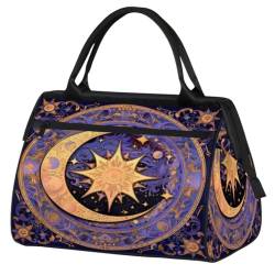 Golden Sun Moon Flowers Pattern Gym Bag for Women Men, Travel Sports Duffel Bag with Trolley Sleeve, Waterproof Sports Gym Bag Weekender Overnight Bag Carry On Tote Bag for Travel Gym Sport, Goldene von cfpolar