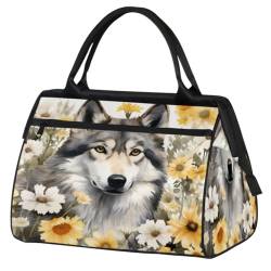 Grauer Wolf Daisy Sonnenblumen Turnbeutel für Damen Herren, Reise Sport Duffel Bag mit Trolleyhülle, wasserdichte Sport Gym Bag Weekender Übernachtung Tasche Carry On Tote Bag für Gym Sport Reisen, von cfpolar