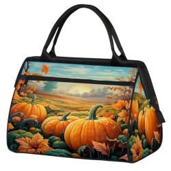 Herbst Kürbis Sonne Herbst Blätter Turnbeutel für Damen Herren, Reise Sport Duffel Bag mit Trolleyhülle, wasserdichte Sport Gym Bag Weekender Übernachtung Tasche Carry On Tote Bag für Reisen Gym von cfpolar