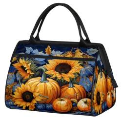 Herbst Kürbis Sonnenblumen Blätter Turnbeutel für Damen Herren, Reise Sport Duffel Bag mit Trolleyhülle, wasserdichte Sport Gym Bag Weekender Übernachtung Tasche Carry On Tote Bag für Reisen Gym von cfpolar