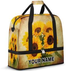 Personalisierbare Reisetasche für Damen und Herren, personalisierbar, Sporttasche mit Schuhfach, faltbare Tanztasche, Wochenendtasche, Übernachtungstasche, Aquarell-Sonnenblumen, Retro-Hintergrund, von cfpolar