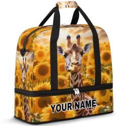 Personalisierbare Reisetasche für Damen und Herren, personalisierbar, Sporttasche mit Schuhfach, faltbare Tanztasche, Wochenendtasche, Übernachtungstaschen, Tiere, Giraffe, Sonnenblumenfelder, Tiere, von cfpolar