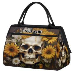 Personalisierte Reisetasche für Damen und Herren, personalisierbar, wasserdicht, Sporttasche, Wochenendtasche, Übernachtungstasche, Handgepäcktasche, Totenkopf-Gänseblümchen, Sonnenblumen, Totenkopf von cfpolar