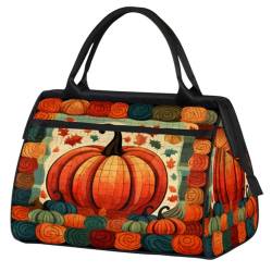 Pumpkin Maple Leaves Plaid Gym Bag for Women Men, Travel Sports Duffel Bag with Trolley Sleeve, Waterproof Sports Gym Bag Weekender Overnight Bag Carry On Tote Bag for Travel Gym Sport, Kürbis von cfpolar