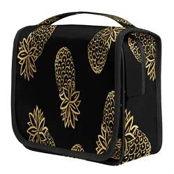 Sommer Gold Ananas Schwarzer Hintergrund Kulturbeutel Hängende Reise Kulturbeutel Große Kapazität Kosmetiktasche mit Aufhängehaken Wasserdicht Tragbare Make-up-Tasche Reise Organizer Tasche für Frauen von cfpolar