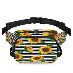 Sunflowers On Black And White Stripes Fanny Pack for Men Women, Waterproof Travel Square Waist Bag Pack, Crossbody Chest Belt Bum Sling Shoulder Bag Purse for Travel Hiking Cycling Running, Multi15, von cfpolar