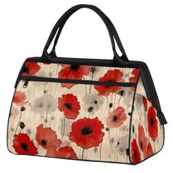 Vintage Floral Red Poppy Flowers Gym Bag for Women Men, Travel Sports Duffel Bag with Trolley Sleeve, Waterproof Sports Gym Bag Weekender Overnight Bag Carry On Tote Bag for Travel Gym Sport, Vintage von cfpolar