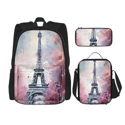 cfpolar 3 Stück Rucksack, Eiffelturm Malerei Rucksack Mittagessen Tasche Bleistift Fall Reise Laptop Rucksack Büchertasche Lunch Box Thermo Kühler Tote Bag Kulturbeutel Aufbewahrungstasche Für Reisen von cfpolar