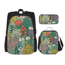 cfpolar 3 Stück Rucksack, Garten Bunte Blüte Blumen Rucksack Mittagessen Tasche Bleistift Fall Reise Laptop Rucksack Büchertasche Lunch Box Thermal Cooler Tote Bag Kulturbeutel Für Reisen Arbeit von cfpolar