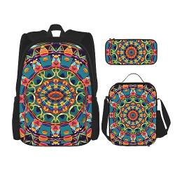 cfpolar 3 Stück Rucksack, Geometrie Mandalas Blumen Rucksack Mittagessen Tasche Bleistift Fall Reise Laptop Rucksack Büchertasche Lunch Box Thermo Kühler Tote Bag Kulturbeutel Aufbewahrungstasche Für von cfpolar