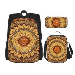 cfpolar 3 Stück Rucksack, Mandala Blume Floral Rucksack Mittagessen Tasche Bleistift Fall Reise Laptop Rucksack Büchertasche Lunch Box Thermo Kühltasche Kulturbeutel Aufbewahrungstasche Für Reisen von cfpolar