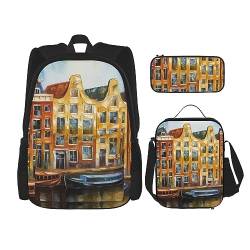 cfpolar 3 Stück Rucksack, Paris Boot Haus Ölgemälde Rucksack Mittagessen Tasche Bleistift Fall Reise Laptop Rucksack Büchertasche Lunchbox Thermo Kühler Tote Bag Kulturbeutel Aufbewahrungstasche Für von cfpolar