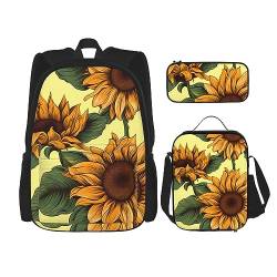 cfpolar 3 Stück Rucksack, Sonnenblumen Blumenmuster Rucksack Mittagessen Tasche Bleistift Fall Reise Laptop Rucksack Büchertasche Lunch Box Thermo Kühler Tote Bag Kulturbeutel Aufbewahrungstasche Für von cfpolar