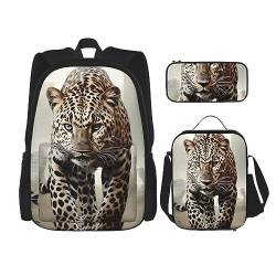 cfpolar 3 Stück Rucksack, Stadt Leopard Bäume Rucksack Mittagessen Tasche Bleistift Fall Reise Laptop Rucksack Büchertasche Lunch Box Thermo Kühler Tote Bag Kulturbeutel Aufbewahrungstasche Für Reisen von cfpolar