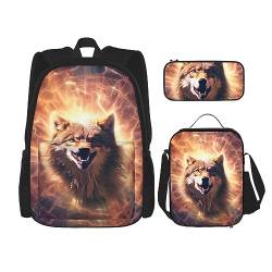 cfpolar 3 Stück Rucksack, Tier Feuer Wolf Muster Rucksack Mittagessen Tasche Bleistift Fall Reise Laptop Rucksack Büchertasche Lunch Box Thermo Kühler Tote Bag Kulturbeutel Aufbewahrungstasche Für von cfpolar