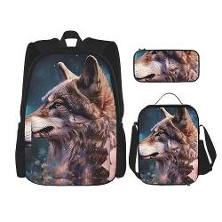 cfpolar 3 Stück Rucksack, Tier Wolf Rosa Blumen Rucksack Mittagessen Tasche Bleistift Fall Reise Laptop Rucksack Büchertasche Lunch Box Thermo Kühler Tote Bag Kulturbeutel Aufbewahrungstasche Für von cfpolar