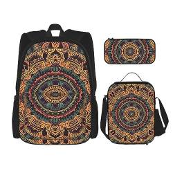 cfpolar 3 Stück Rucksack, Vintage Ethnic Mandala Blumen Rucksack Mittagessen Tasche Bleistift Fall Reise Laptop Rucksack Büchertasche Lunch Box Thermo Kühler Tote Bag Kulturbeutel Aufbewahrungstasche von cfpolar