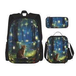 cfpolar 3 Stück Rucksack, Wald Niedliche Katze Licht Rucksack Mittagessen Tasche Bleistift Fall Reise Laptop Rucksack Bookbag Lunch Box Thermal Cooler Tote Bag Kulturbeutel Für Reisen Arbeit Picknick von cfpolar