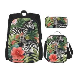 cfpolar 3 Stück Rucksack, Zebra Blumen Grün Blätter Rucksack Mittagessen Tasche Federmäppchen Reise Laptop Rucksack Büchertasche Lunch Box Thermo Kühltasche Kulturbeutel Aufbewahrungstasche Für Reisen von cfpolar