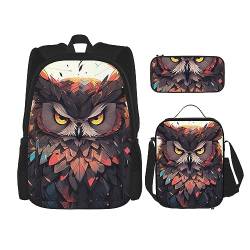 cfpolar 3 Stück Rucksack, bunte Eule Sonne Hintergrund Rucksack Mittagessen Tasche Bleistift Fall Reise Laptop Rucksack Büchertasche Lunchbox Thermo-Kühltasche Kulturbeutel Aufbewahrungstasche für von cfpolar