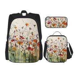 cfpolar 3-teiliger Rucksack, Aquarell-Kunst, bunte Blumen, Rucksack, Lunch-Tasche, Federmäppchen, Reise-Laptop-Rucksack, Büchertasche, Lunchbox, Thermo-Kühltasche, Kulturbeutel, Aufbewahrungstasche von cfpolar