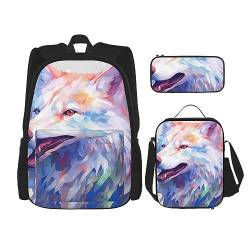 cfpolar 3-teiliger Rucksack, Aquarell-Wolf-Rucksack, Lunch-Tasche, Federmäppchen, Reise-Laptop-Rucksack, Büchertasche, Lunchbox, Thermo-Kühltasche, Kulturbeutel, Aufbewahrungstasche für Reisen, von cfpolar